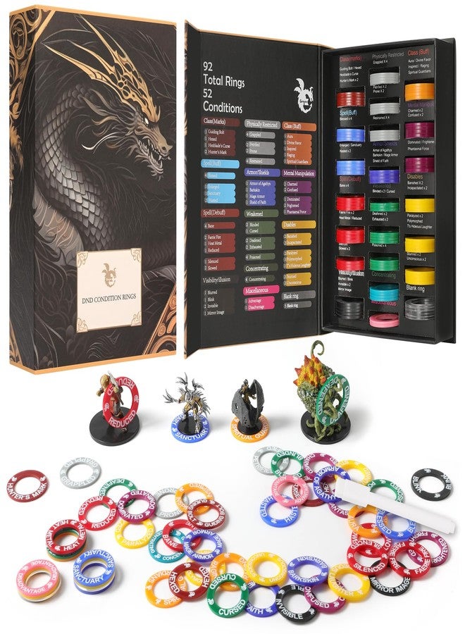 Grajar 52 Unique DND Miniatures Condition Rings, 92 PCS Status Effects Markers - Including 5 Customizable Blank Rings, Ideal for Dungeons and Dragons & 5th Edition, Best DND Gifts for DM - Image 1